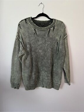Timing Women's Distressed Destroyed Crewneck Sweater Ribbed Black Gray Size S